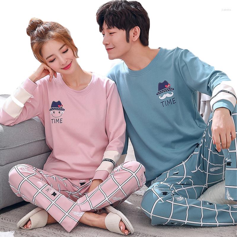 

Men's Tracksuits 2022 Couple Pajama Set Cotton Pijamas Long Sleeve Sleepwear His-and-her Home Suit Pyjama For Lover Man Woman Lovers', Beige