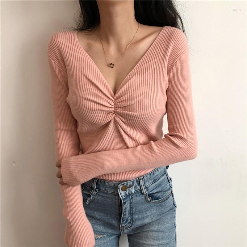 

Women's Sweaters HELIAR Sweater Women V-Neck Pleated Chest Knitted Pullovers Long Sleeve For 2022 Autumn, Green