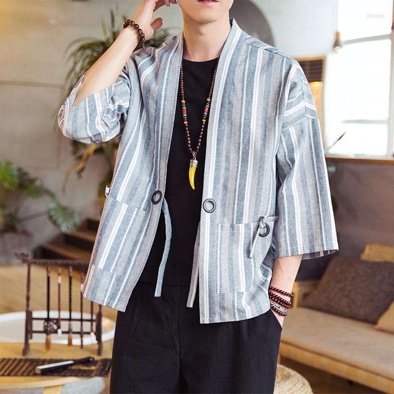 

Men's Jackets Chinese Style Cotton And Linen Striped Three-quarter Sleeve Men's Cardigan Hanfu Tang Shirt Loose Casual Dress Retro, Wathet