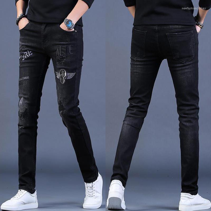 

Men's Jeans Mens High Quality Black Denim Pants Embroidery Stretch Slimming Scratches Trendy Street Fashion Casual Men.