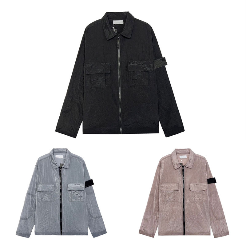 

mens brand jacket Lapel trench coat Metal nylon shirt jacketss Stone Running Sports Hoody Jogger Casual Island jackets SIZE M-XXL, Gray