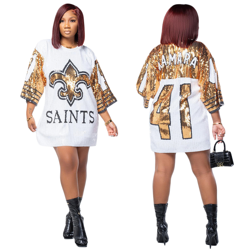 

2022 Autumn Fashion Letter Printed Short Dress For Womens Bright Sequins Half Sleeve Loose Brand Casual  Mini Dresses W0016, White