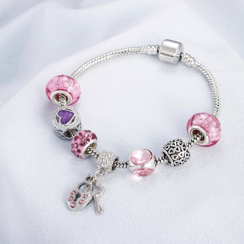 

Charm Bracelets High Quality Girl Sweet Snake Chain Bracelet Rainbow Dragonfly Key Heart Pendant Women Pink Crystal Stone Jewelry Bangles