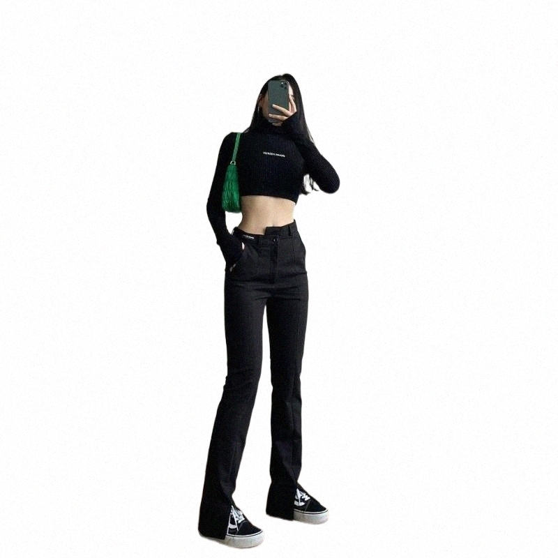 black Solid High Waist Flare Leg Suit Pants Women Long Bottoms Autumn Skinny Ladies Elegant Long Trousers Split Hem Pants x6DC#-image-802657122