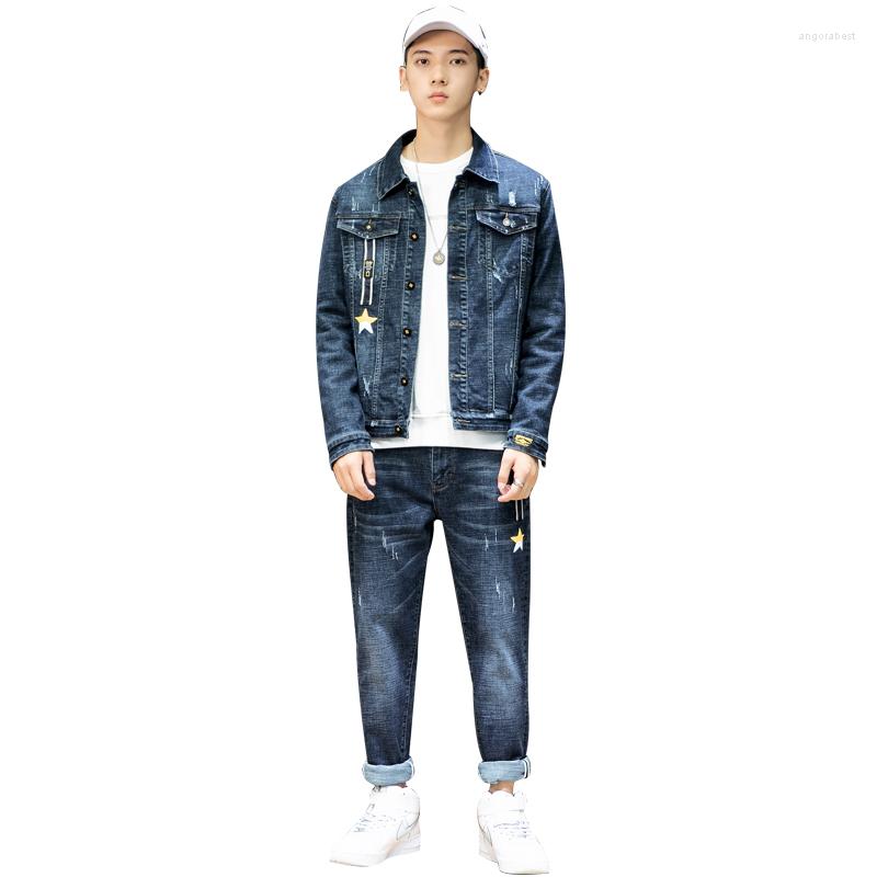 

Men's Tracksuits 2022 Blue Two Pieces Set Fashion Denim Jacket Pant Sportswear Men Letter Printed Autumn Brand Clothes Jackets Pants Sets