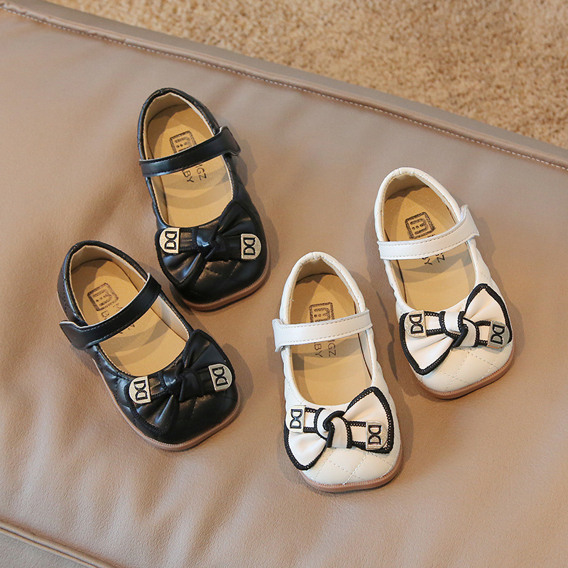 

Spring Autumn Girls Mary Janes Shoes Printting Kids Flats Bowtie Princess Shoes Children Leather Casual Shoes Toddlers Size 21-30, Black