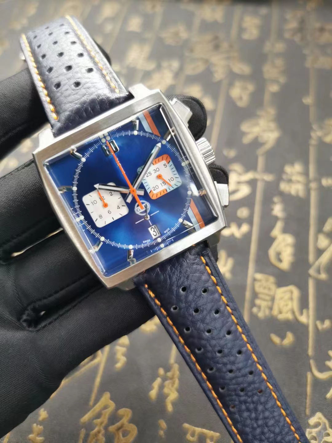 2022 Mens Square watches bay Japan VK Chronograph Quartz movement Blue face orange hands Metal strap 39mm wristwatch-image-802948191