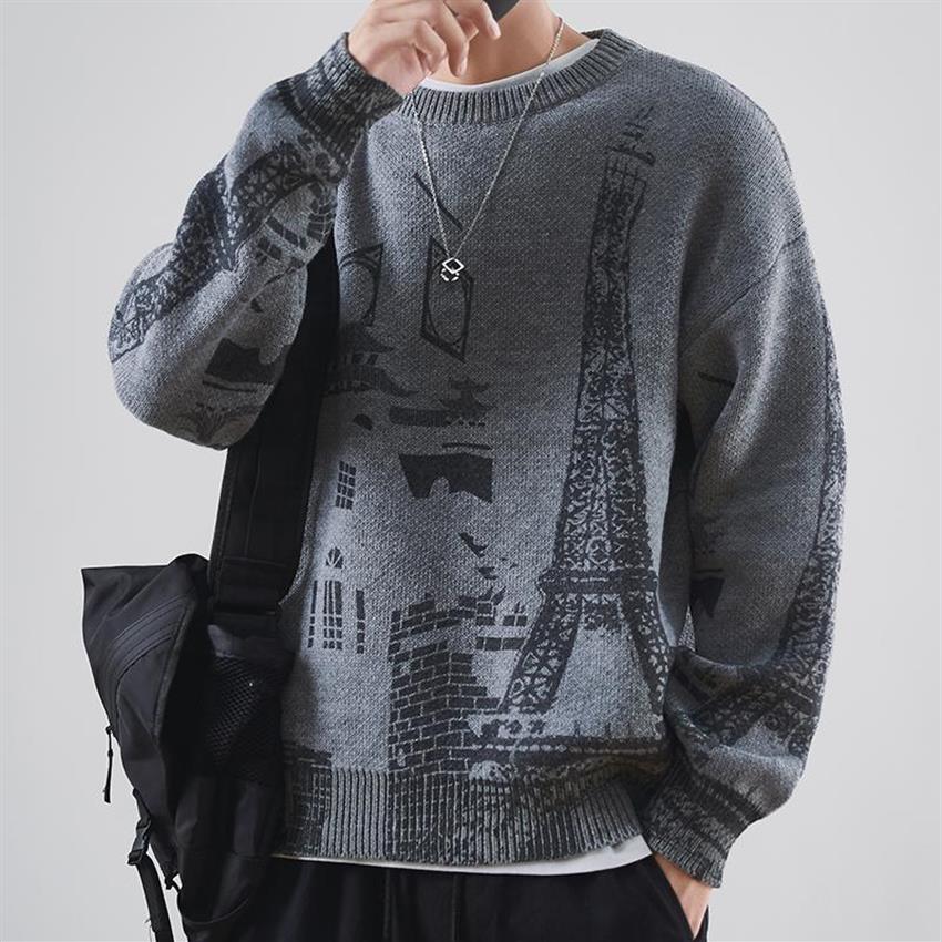 

Print Sweater Men Knitted Casual Sweater Harajuku Oversize Fashion Loose Korean Autumn Winter Pullovers Men Clothing 5XL266H, Black