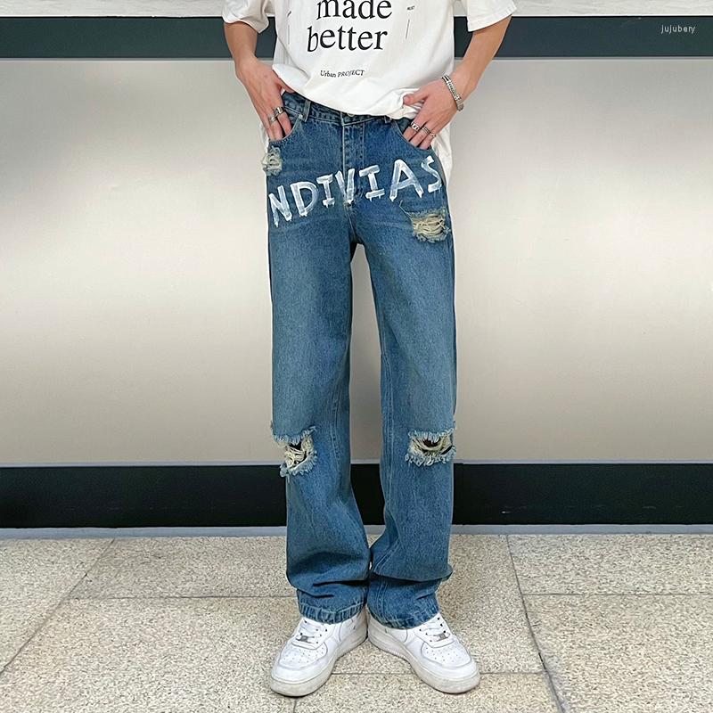 

Men's Jeans Letter Painted Hole Ripped Straight Men And Women Harajuku Retro Pockets Patchwork Casual Loose Denim Trousers, Blue