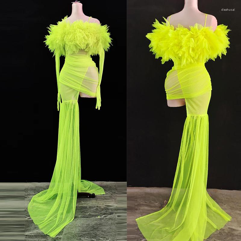 

Stage Wear Green Mesh Flower Dress Sexy Transparent Long Train Costume Birthday Prom Celebrate Outfit Evening Dj Dance Show Clothes DN11804