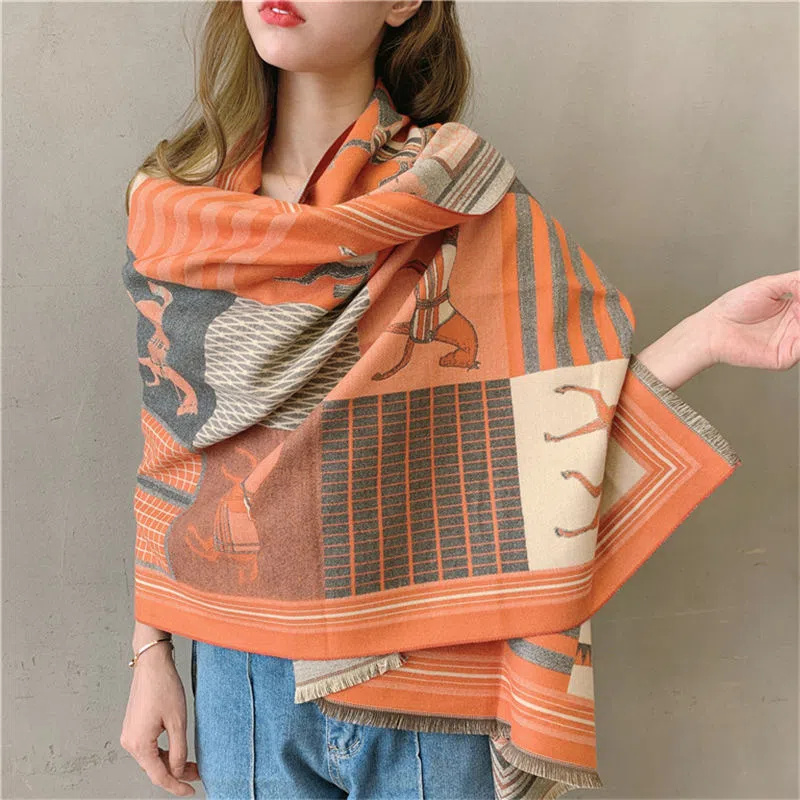 

Luxury thickened warm scarf Designer cashmere enhanced dual-use national style scarfs horse pattern women's long variable winter shawl women's Scarves