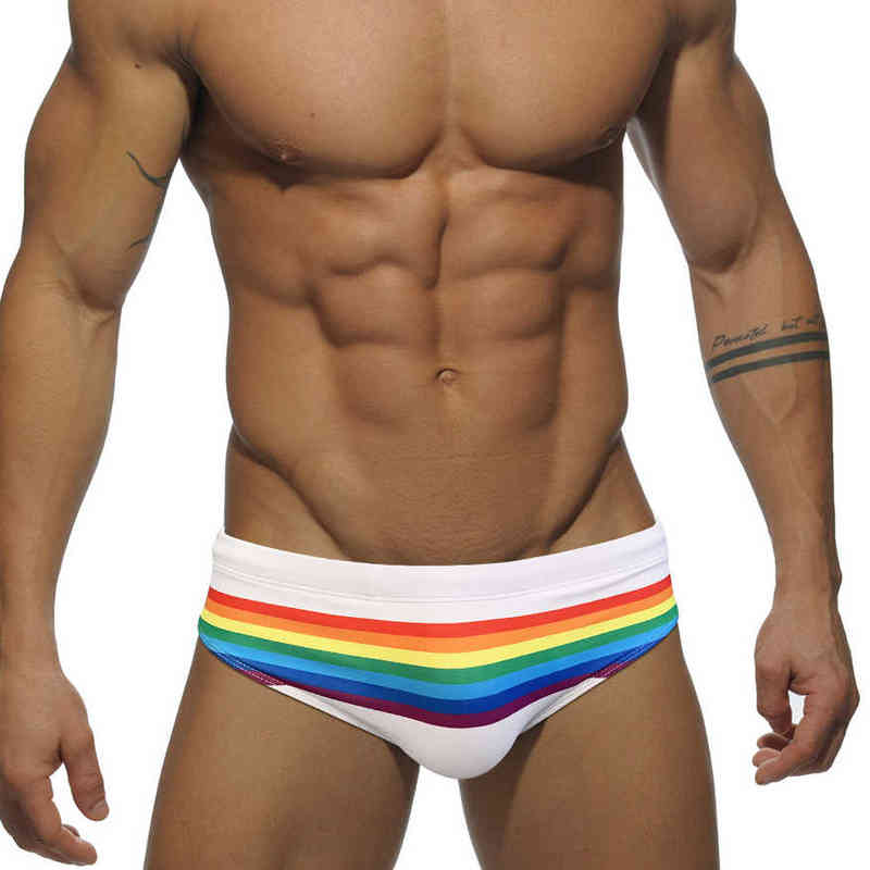 

Men's Swimwear Sexy Rainbow Striped Swimwear Men Swimming Briefs Push Up Swimsuit Men Swim Wear Summer Men Swimsuit Low-rise beach Short J220913, White no pad