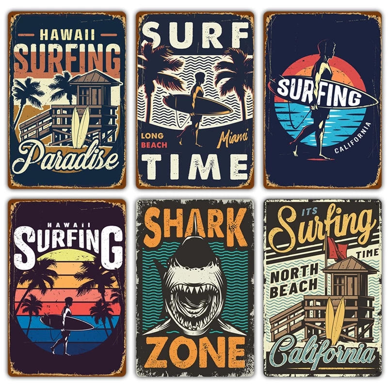 

Vintage Hawaii Surf Time Beach Metal Painting Tin Signs Wall Art Crafts Plate Seaside Beach Surfing sea Poster Plaque for Bar Pub Club Shop Decor Hisimple Brand