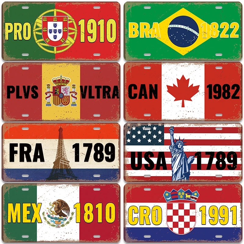 

2023 Country Flag License Plate Metal Painting Sign Vintage France USA Brazil Mexico Plaque Tin Signs Retro Coffee Movie Route 66 Car Wall Decor for Bar Pub Club