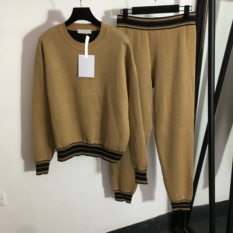 

Khaki Crew Neck Tracksuits Fashion Long Sleeve Sweaters Trousers Lady Cashmere Warm Sweater Pants Set