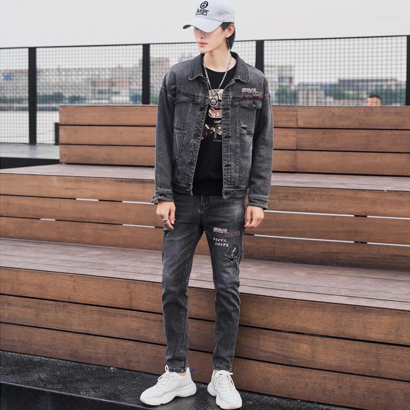 

Men's Tracksuits Brand Clothing Letter Print Casual Denim Cotton Men Tracksuit Jackets Two Piece Pants Punk Style Autumn Winter Twinset, Black gray