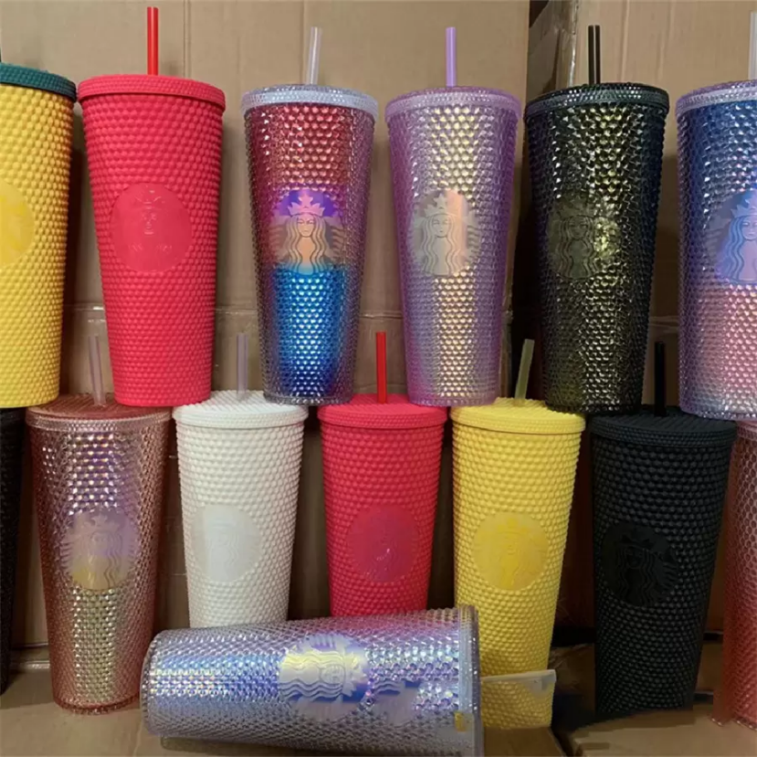 

24oz Personalized Starbucks Mugs With Real Logo Iridescent Bling Rainbow Unicorn Studded Cold Cup Tumbler coffee mug with straw 915, One lot=cup+lid+straw