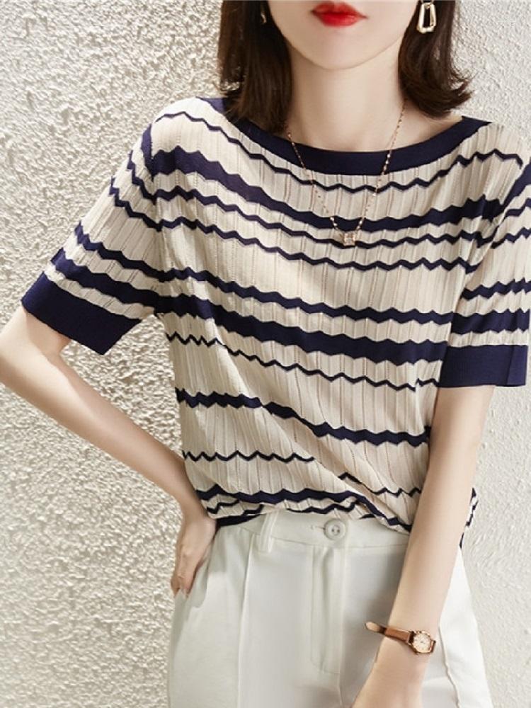 

Women's Sweaters TuangBiang 2022 Jacquard Wavy Stripes Slash Neck Pullover Cotton Women Hollow Out Knitted T-Shirts Thin Loose Elasticity, Photo color