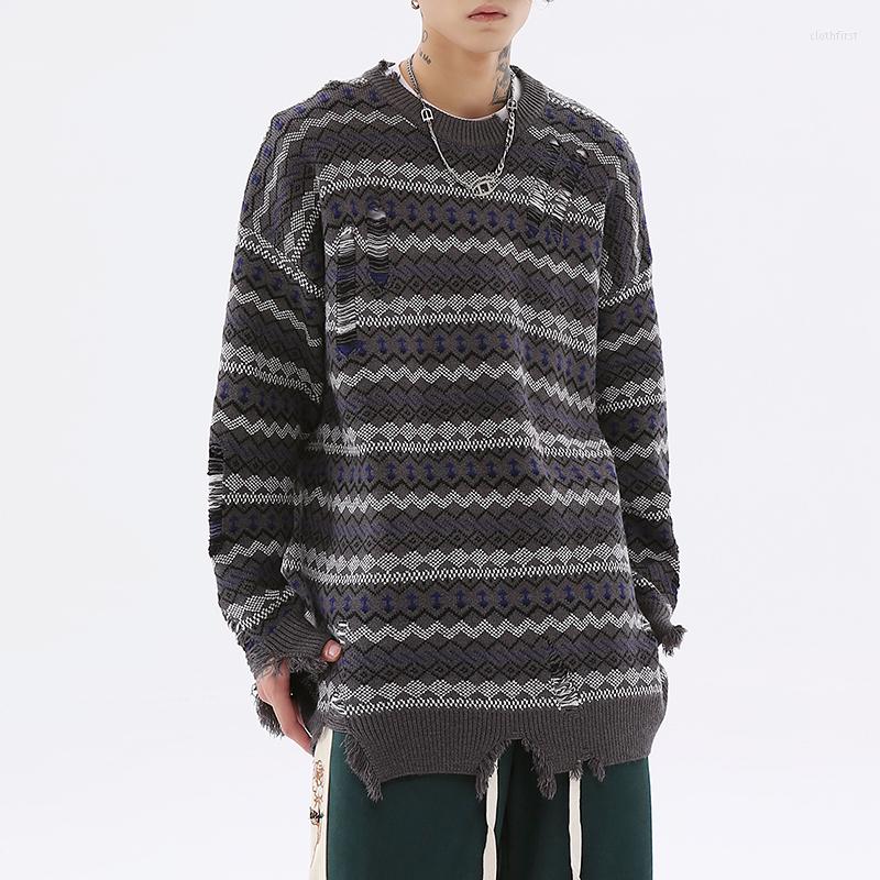 

Men's Sweaters Harajuku Retro Ripped Hole Geometrical Knitted Pullover Mens High Street Crew Neck Patchwork Casual Oversized Sweater, Black