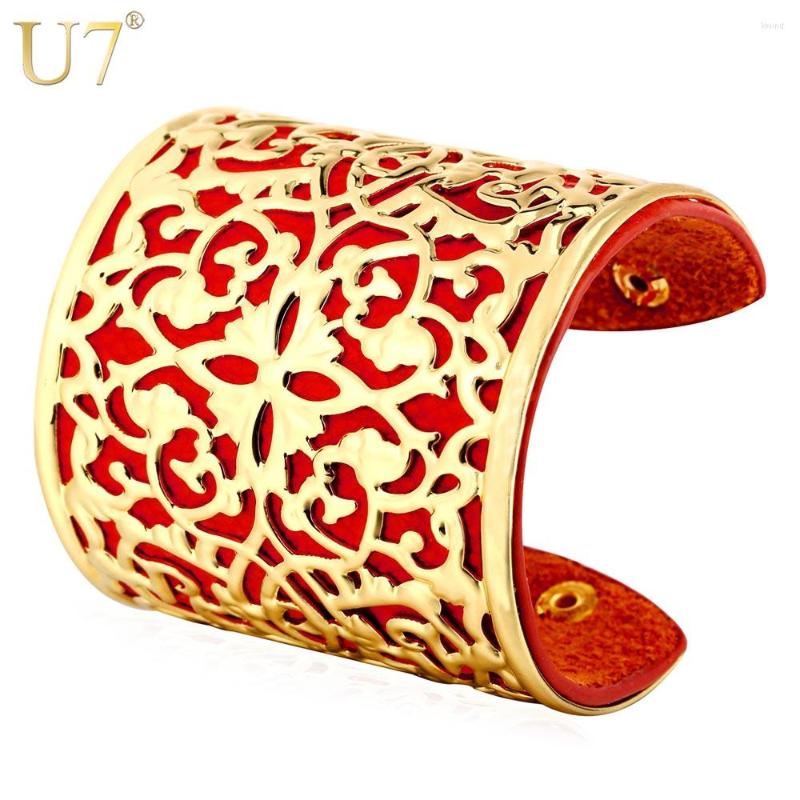 

Bangle U7 Vintage Jewelry Leather Bracelets For Women Gold Color Red Cuff Bangles Wholesale H781
