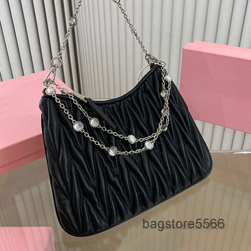 

Shoulder Bags Designer Rhinestone Chain Hobo Pleated Women Crobody Axillary Bag Flap Baguette Sheepskin Leathe Pouch Removable Diamante Stra, 27*21 cm