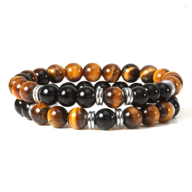 

Strand 2pcs/set Men Tiger Eye Beads Bracelets Fashion Natural Stone Black Onyx Bracelet & Bangle For Women Yoga Jewelry Pulseira