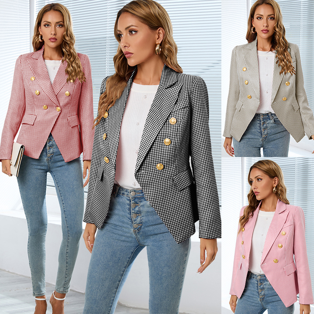 

2022 autumn winter Suits decoration body houndstooth small coat European and American foreign trade women's coat, Red