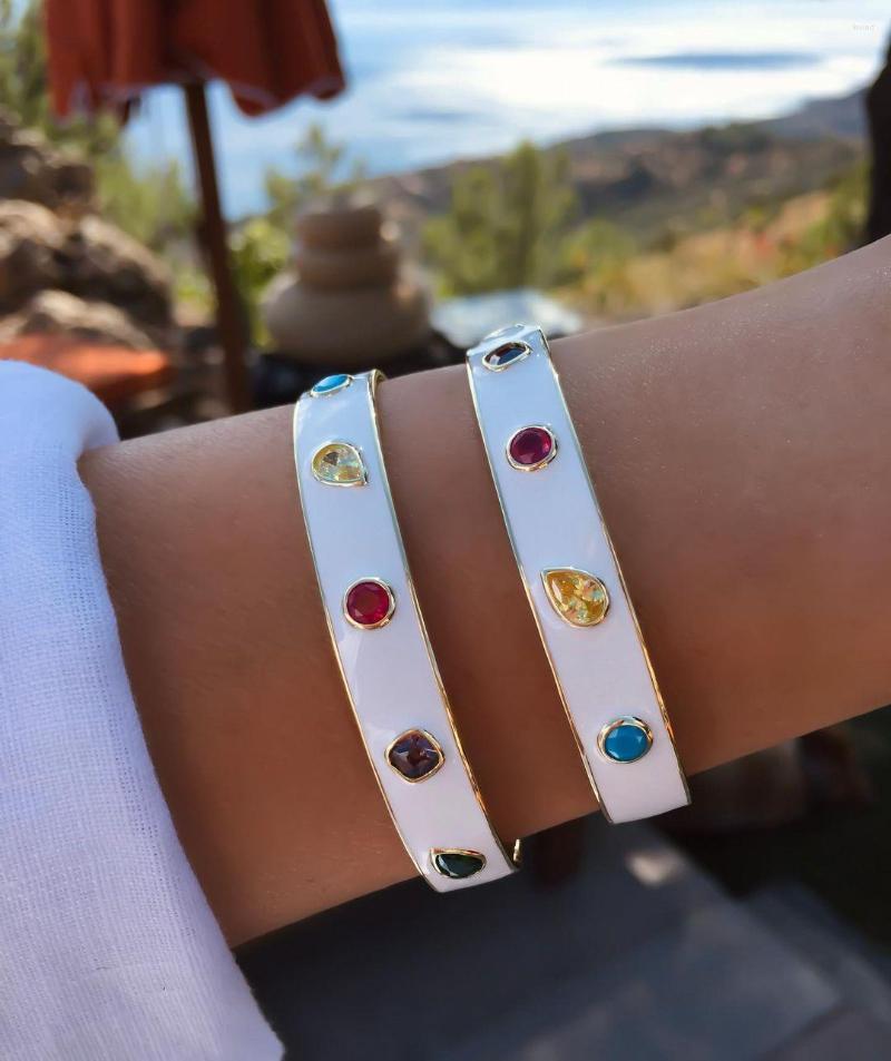 

Bangle Gold Metal White Enamel Colorful Cubic Zirconia CZ Paved Open Adjusted Band For Women Fashion