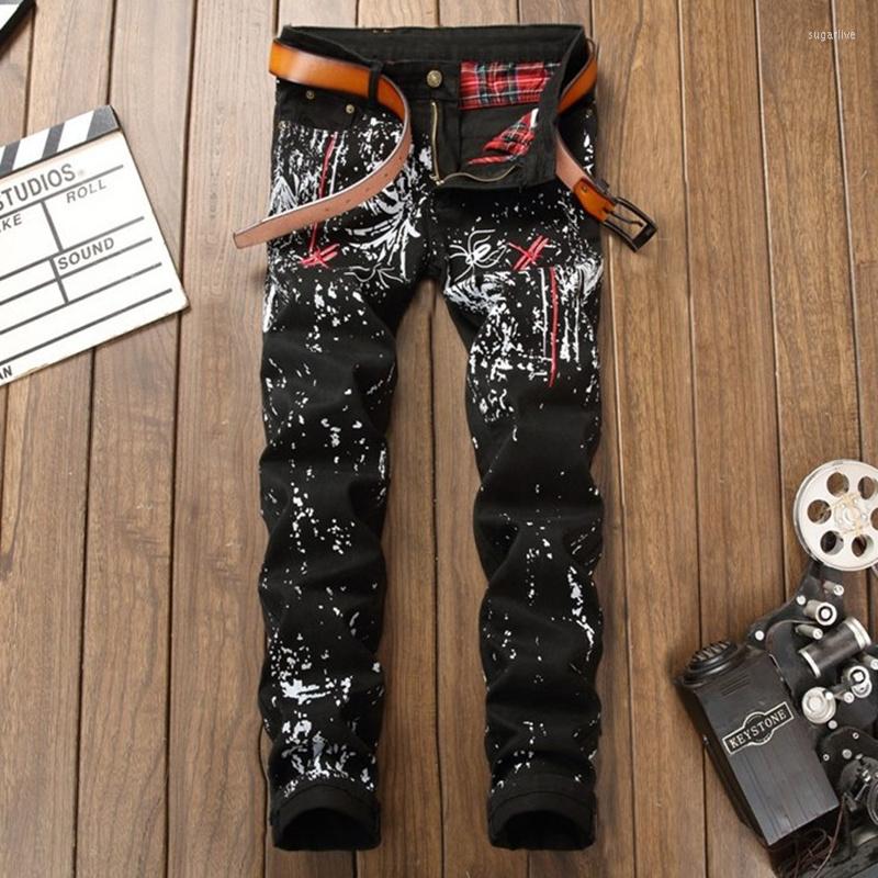 

Men's Jeans Printed Embroider Men's Slim Korean Flower Pants Fashion Urban Black Casual Trousers Streetwears