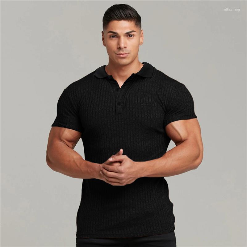 

Men's Polos Knitted Shirt Men Gym Fitness Skinny Short Sleeve T-shirt Male Bodybuilding Tee Sports Summer Workout Clothing, Blue