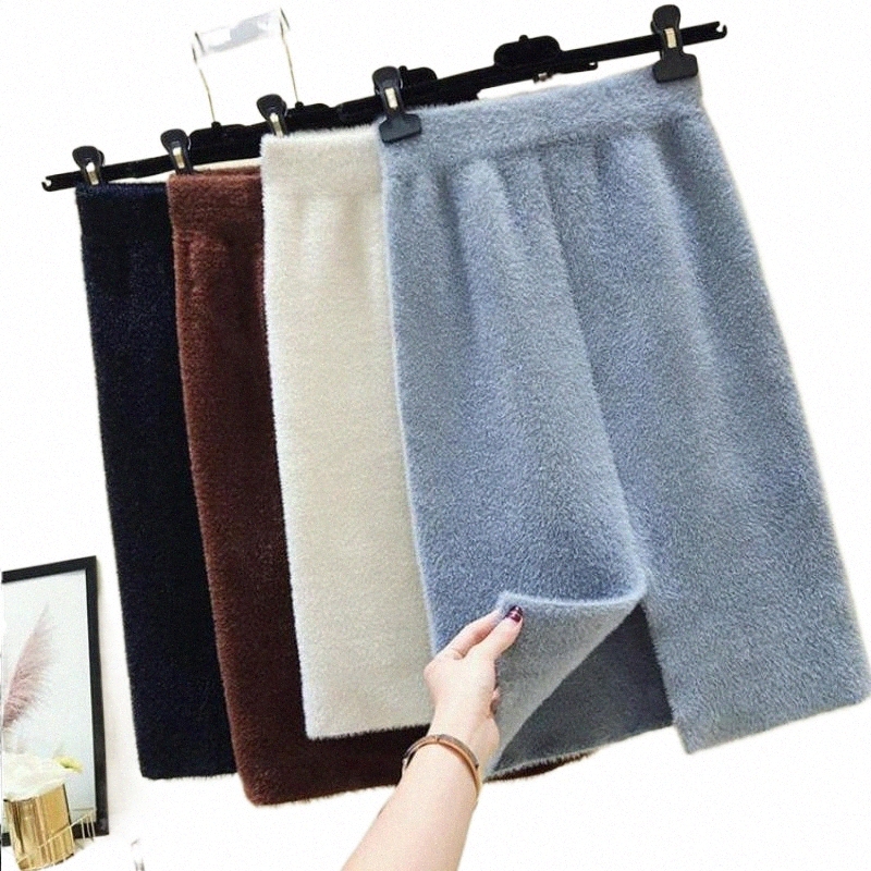 autumn & Winter Elastic Waist Simple Solid Split Knitted Skirt High Slim Casual Women Skirts X4vo#-image-802628034