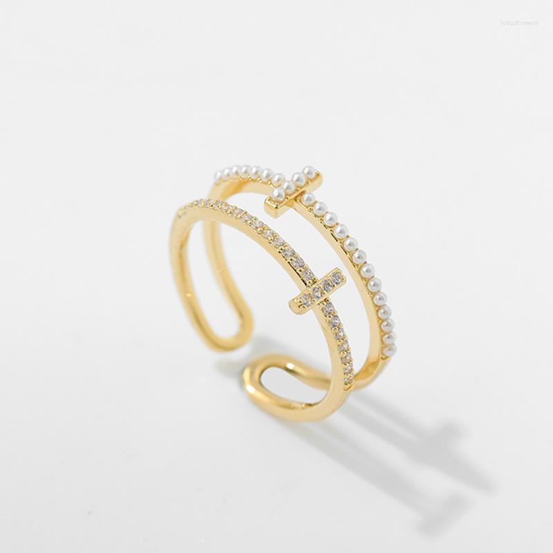 

Cluster Rings 2022 Korean Exquisite Hollow Double-layer Open Ring Fashion Temperament Simple Pearl Female Jewelry