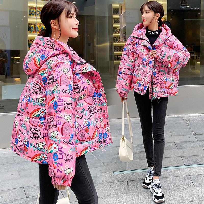 

Women's Trench Coats -2XL2022 European Style Camouflage Graffiti Printing Short Bread Thick Coat Women's Jacket Down Cotton, Pink color