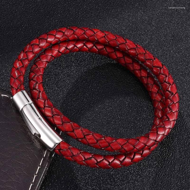 

Charm Bracelets Trendy Multilayer Men Women Leather Bracelet Steel Snaps Red Braided Multi Layer Wrap Jewelry Bangles BB0488