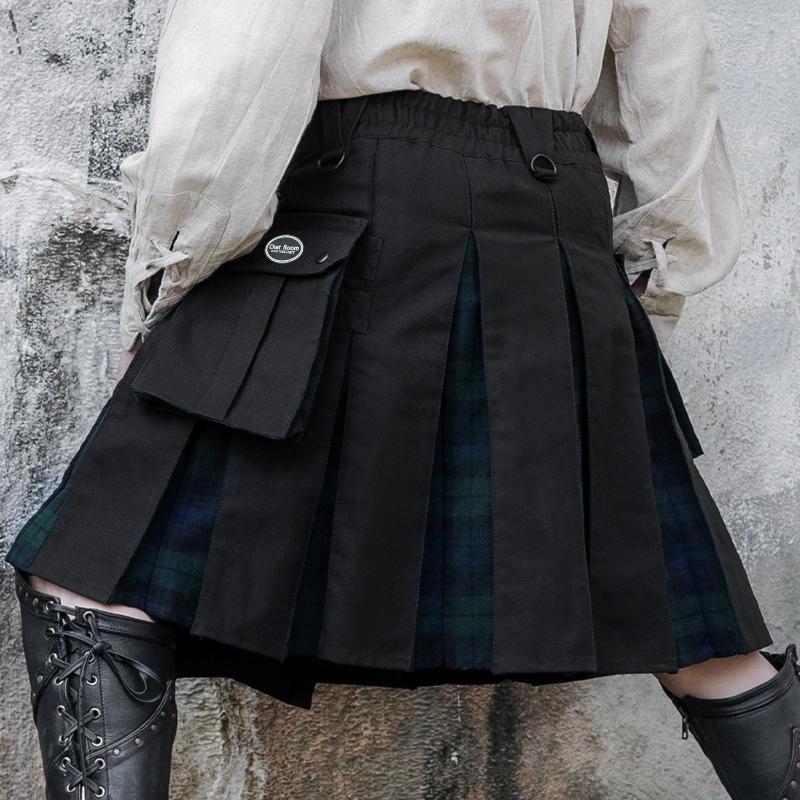 

Men's Pants Cross Band Mens Fashion Casual Scottish Style Plaid Contrast Pocket Pleated Skirt, Black