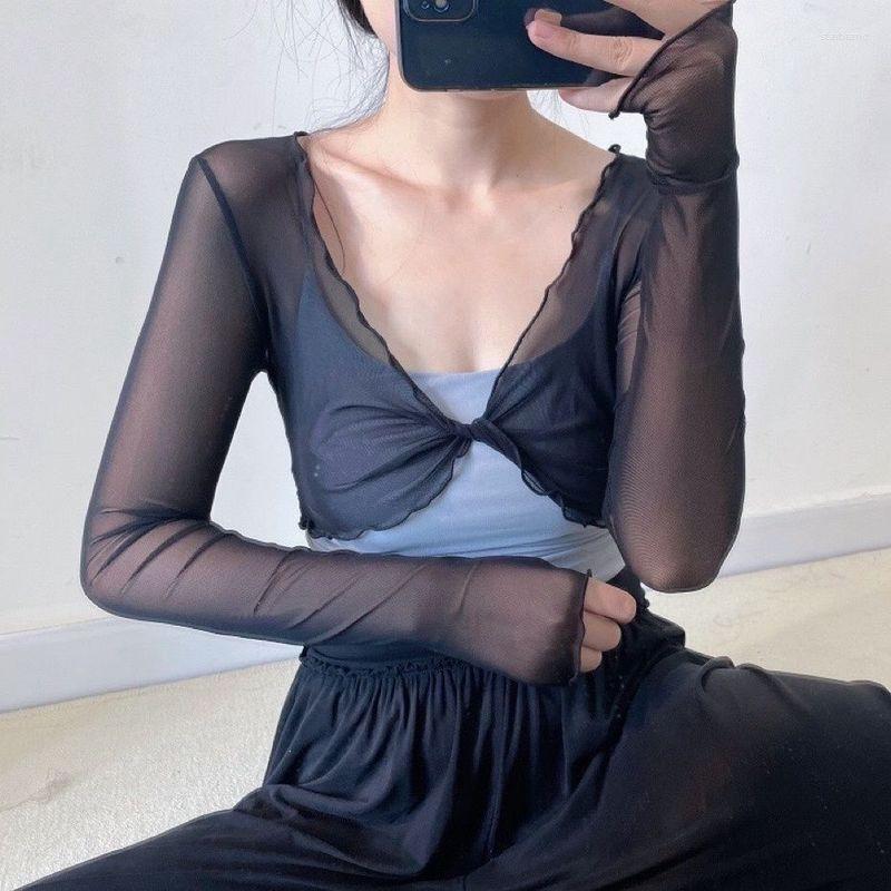 

Women' Knits Elegant Women Sexy See Through Cardigans Y2K Long Sleeve Mesh Vintage Lace Up Crop Tops Streetwear Short For Dress, Black