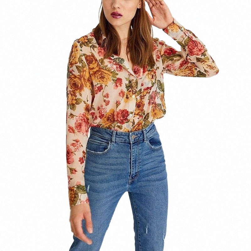 summer Printed Long-sleeved Shirt Pocket Decoration Ladies Casual Top Women's Blouses & Shirts 203C#-image-802625935