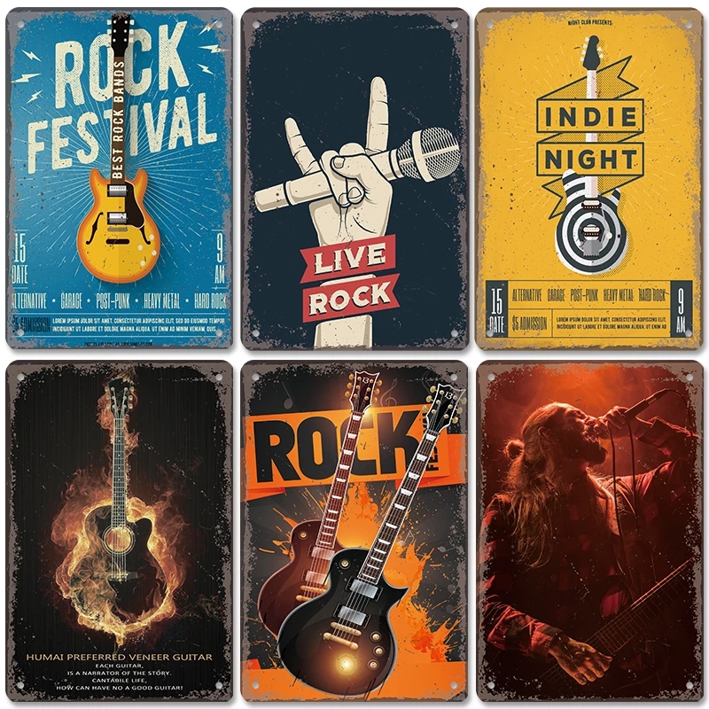 

Vintage Rock Music Metal Painting Wall Poster Tin Signs Retro Guitar Rock Pub Club Party Plates for Bar Home Decor Art Dector 20x30cm