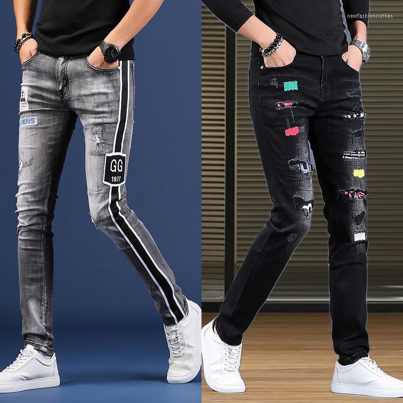 

Men's Jeans Korea Version Printed Broken Men Embroidery Slim Casual Trousers Stretch Denim Pants Four Season Jeans., Black