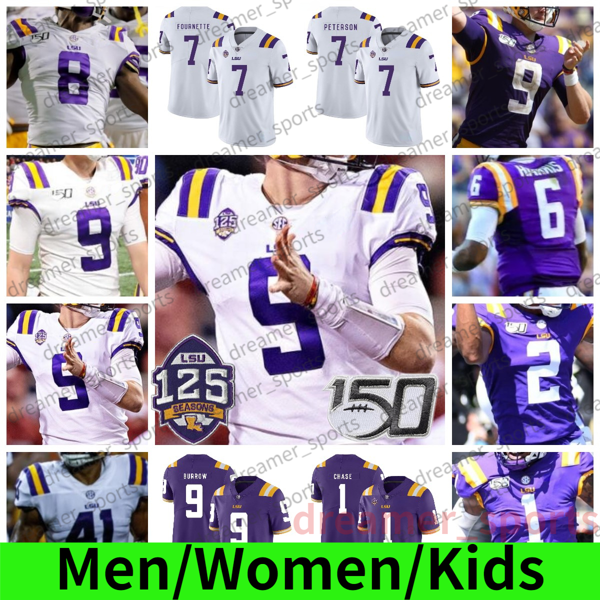 LSU Tigers Football Jersey Burrow Justin Jefferson Chase Grant Delpit Peterson Mathieu Marshall Guice Blanc Custom College Jerseys Hommes Femmes Enfants 125TH 150th