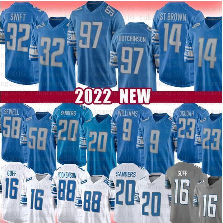 

Football Jersey Detroit''Lions''97 Aidan Hutchinson 58 Penei Sewell 14 Amon-Ra St. Brown 20 Barry Sanders 16 Jared Goff 32 D'Andre Swift 88 T.J. Hockenson, Color