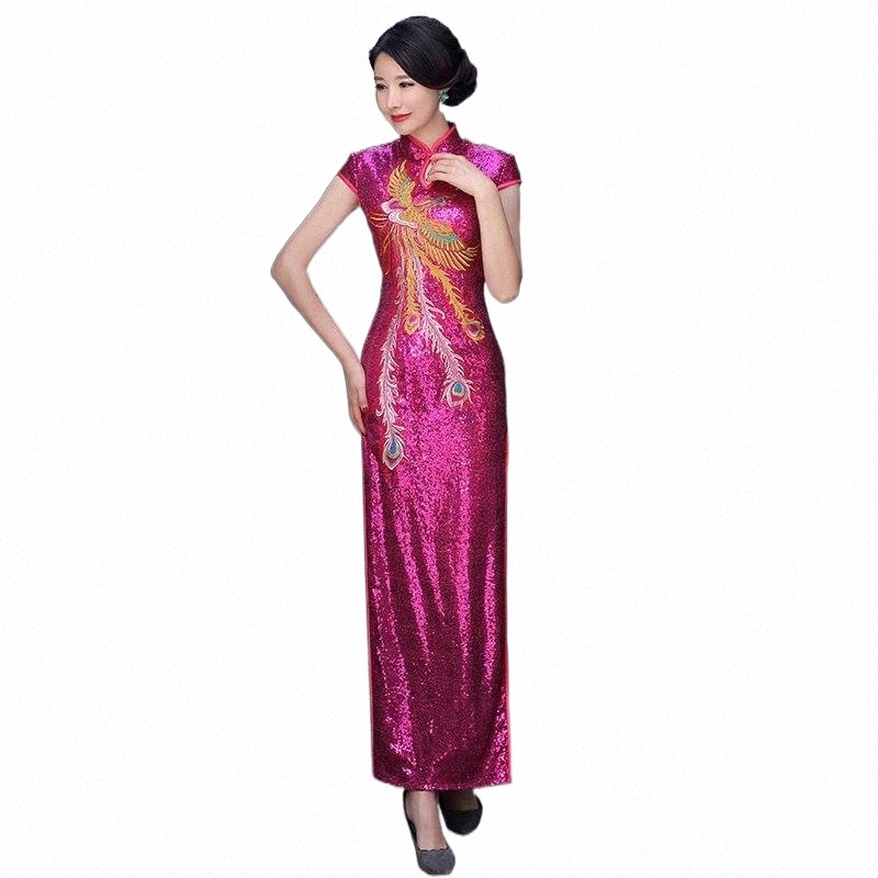 

bling Sequins Lady Embroidery Phoenix Cheongsam Slim Straight Dresses Short Sleeve Chinese Dress Show Evening Gown Vestidos C5jf#