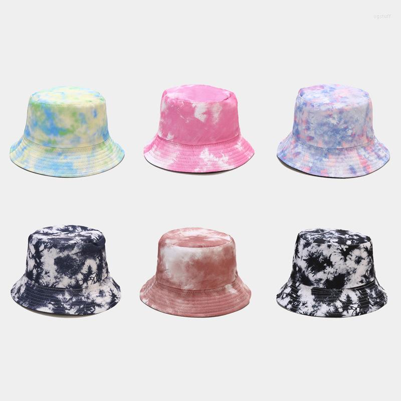 

Berets Double-sided Wearing Cap Visor Rainbow Color Bucket Hat Men Women Cotton Flat Sun Reversible Tie Dye Fisherman Gift