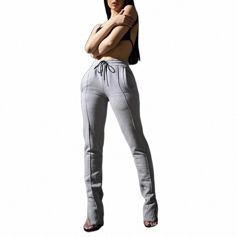 casual Hem Split Thick Warm Sweatpants For Women Autumn Winter Clothing Lace Up Drawstring High Waisted Solid Trousers Women's Pants & Capri-image-802640600