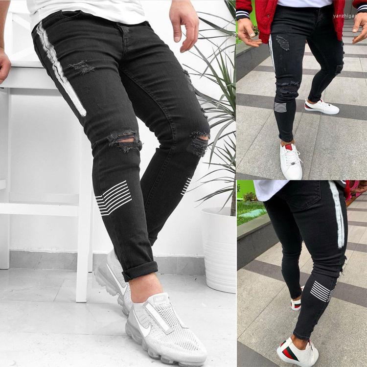 

Men' Jeans Men' Skinny Side Stripes Ripped Frayed Slim Fit Denim Pants Hip Hop Black Streetwear Rolled Edge Casual Jean Trousers Men