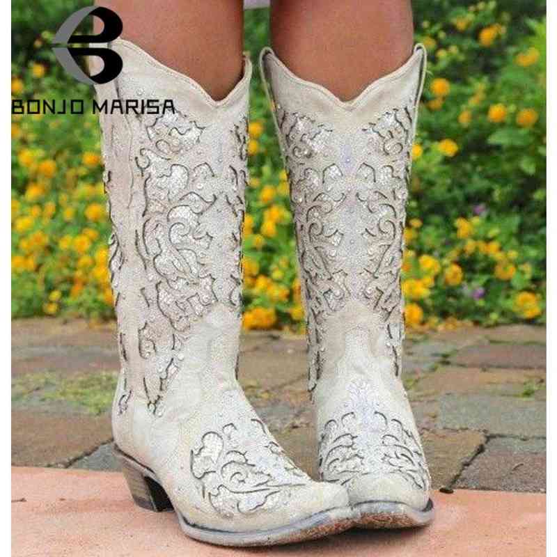 

Boots BONJOMARISA Brand High Quality Pointed Toe Embroidery Chunky Heels Western Boots For Women Cowboy Walking Casual Riding Boots T220915, Black ankle boots