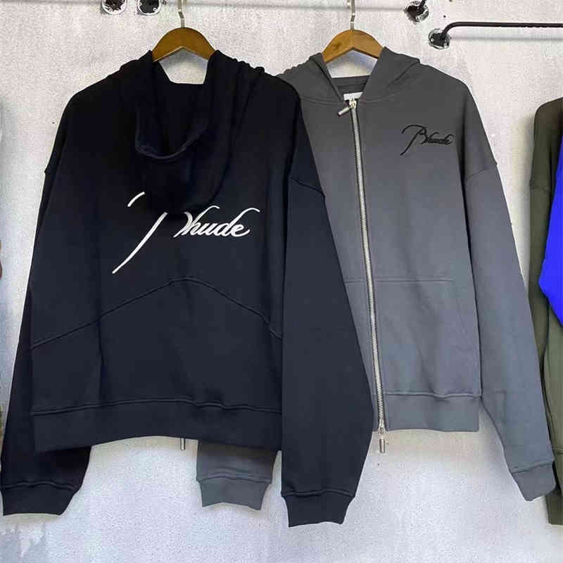 

Hoodies Rhude Hoodie Capsule Zipper Letter Embroidery Men's and Women's 1 1 Jacket Black Dark Grey S