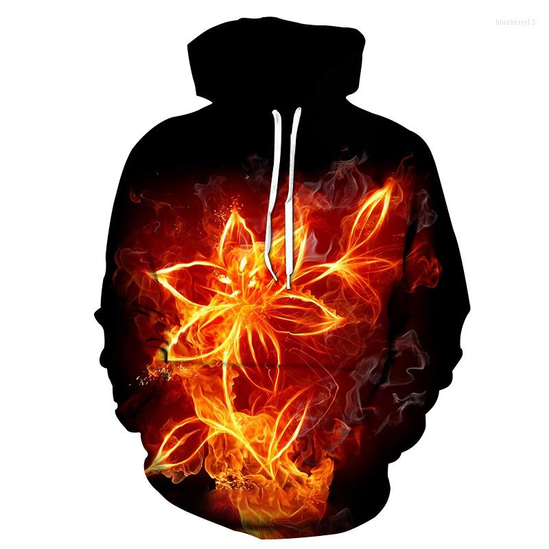 

Men's Hoodies European And American Fashion Trend Men's Flame Flower Hooded 3D Digital Printing One Drop Delivery, Clear