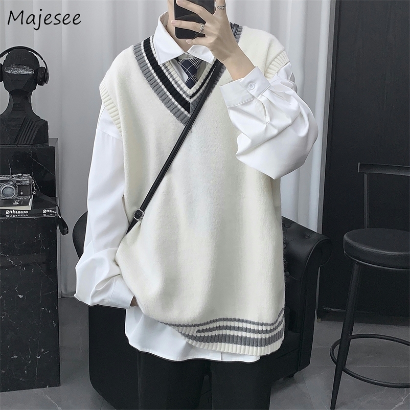 

Men's Sweaters Oversize Sweater Vests Men Patchwork Preppy Style Couple Soft Knitwear Leisure Hipster Unisex Homme Sleeveless Jumpers All-match 220915, Black