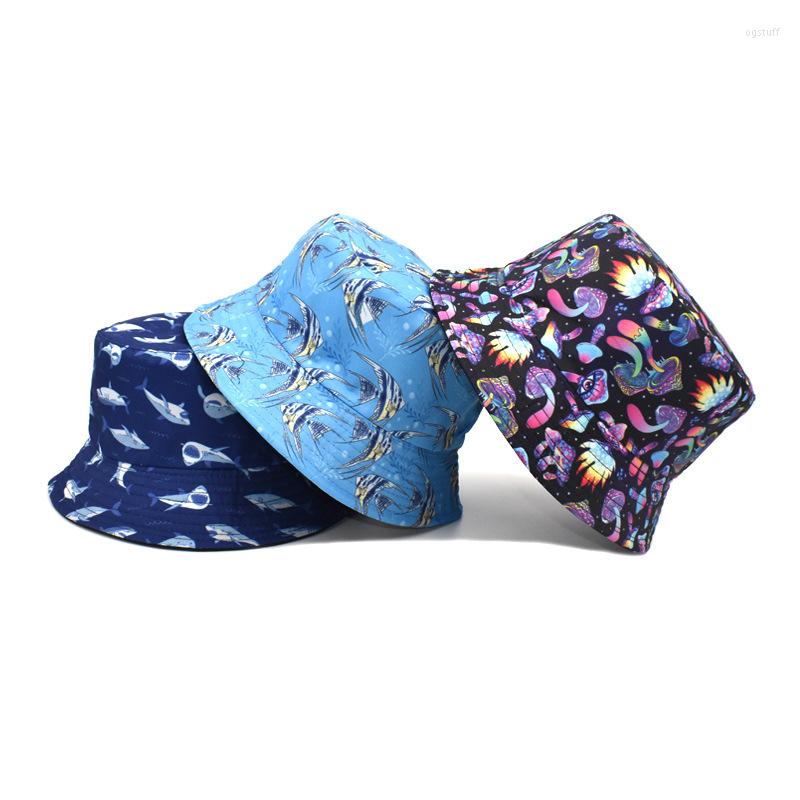 

Berets Fashion Unisex Bucket Hats Summer Double-sided Wear Fish Printing Women Cap Outdoor Sun Hat Men Classic Panama